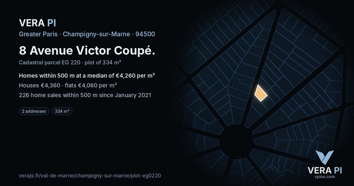 8 Avenue Victor Coupé, Champigny-sur-Marne at night – the plot lit, the parcels around coloured by the prices near them