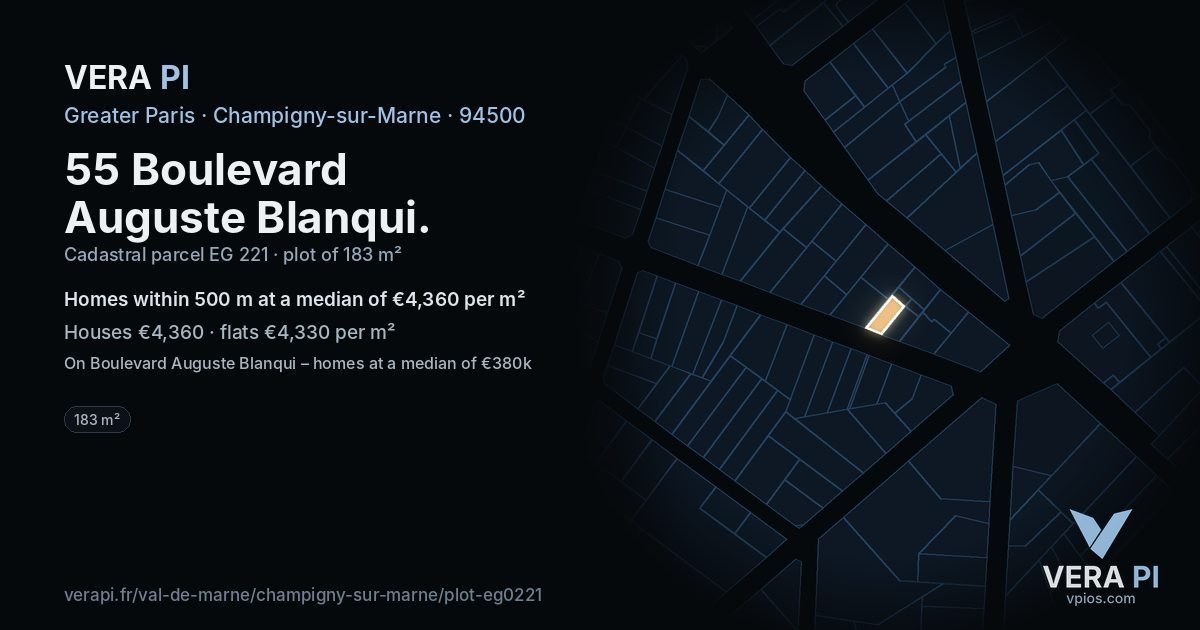 55 Boulevard Auguste Blanqui, Champigny-sur-Marne at night – the plot lit, the parcels around coloured by the prices near them