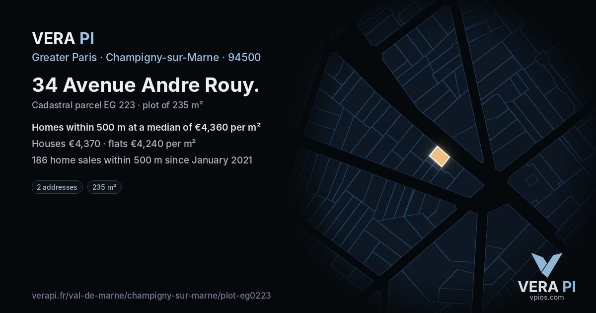 34 Avenue Andre Rouy, Champigny-sur-Marne at night – the plot lit, the parcels around coloured by the prices near them