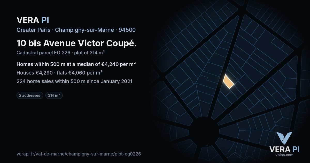 10 bis Avenue Victor Coupé, Champigny-sur-Marne at night – the plot lit, the parcels around coloured by the prices near them
