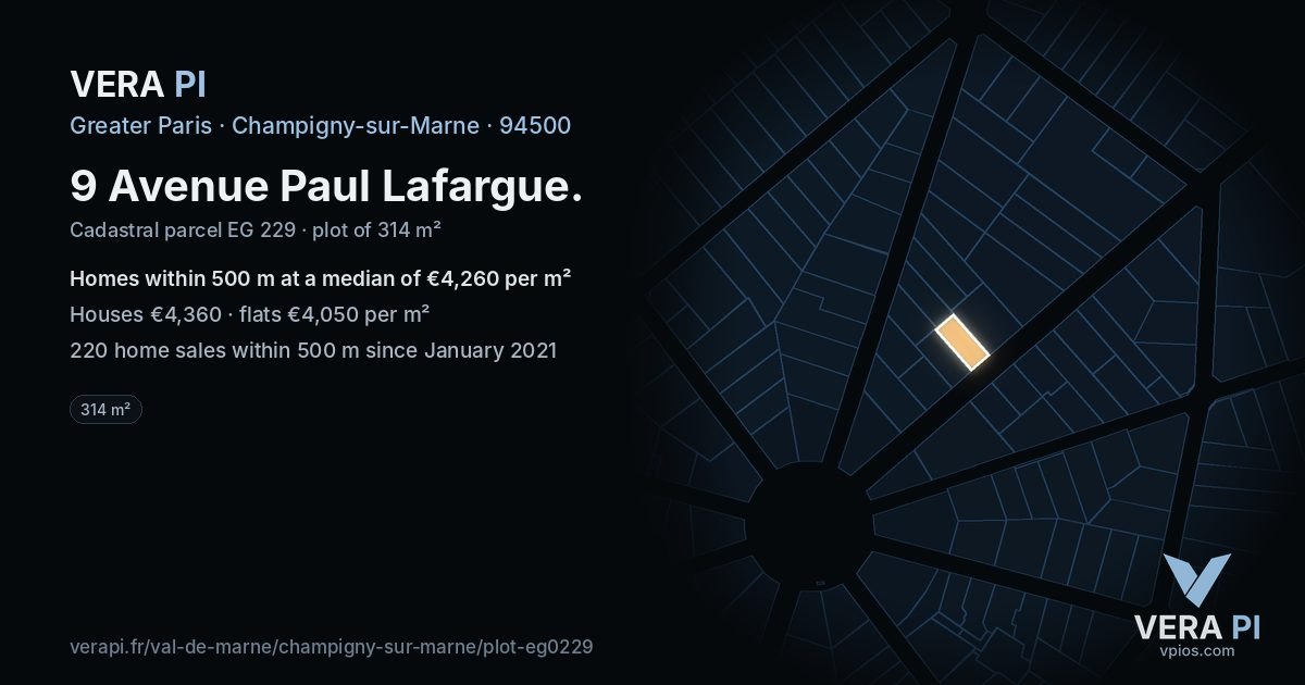 9 Avenue Paul Lafargue, Champigny-sur-Marne at night – the plot lit, the parcels around coloured by the prices near them