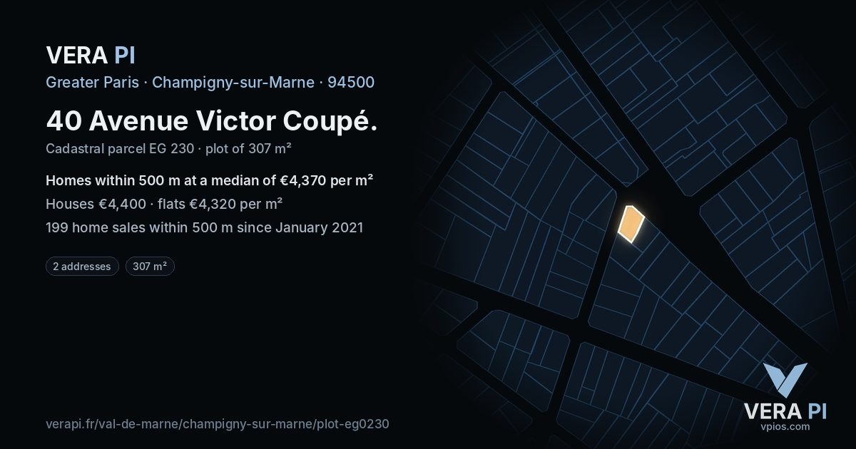 40 Avenue Victor Coupé, Champigny-sur-Marne at night – the plot lit, the parcels around coloured by the prices near them