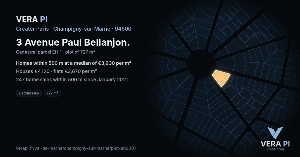 3 Avenue Paul Bellanjon, Champigny-sur-Marne at night – the plot lit, the parcels around coloured by the prices near them