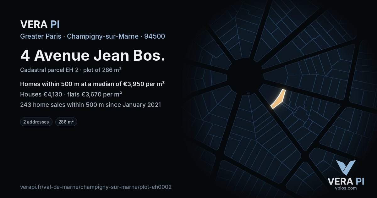 4 Avenue Jean Bos, Champigny-sur-Marne at night – the plot lit, the parcels around coloured by the prices near them