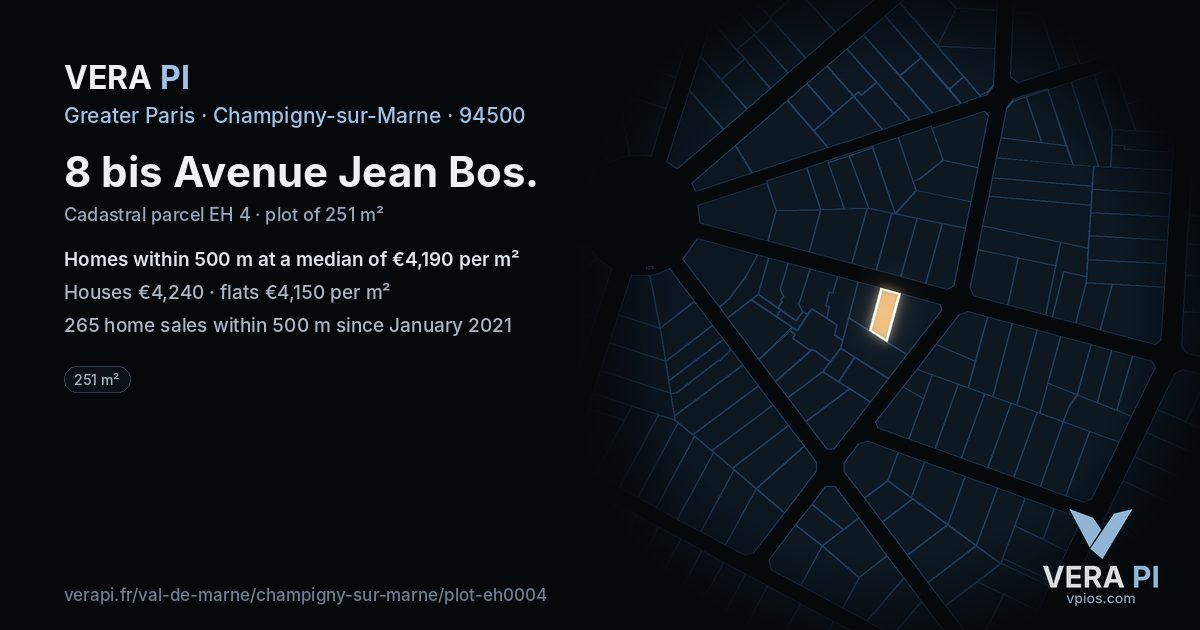 8 bis Avenue Jean Bos, Champigny-sur-Marne at night – the plot lit, the parcels around coloured by the prices near them