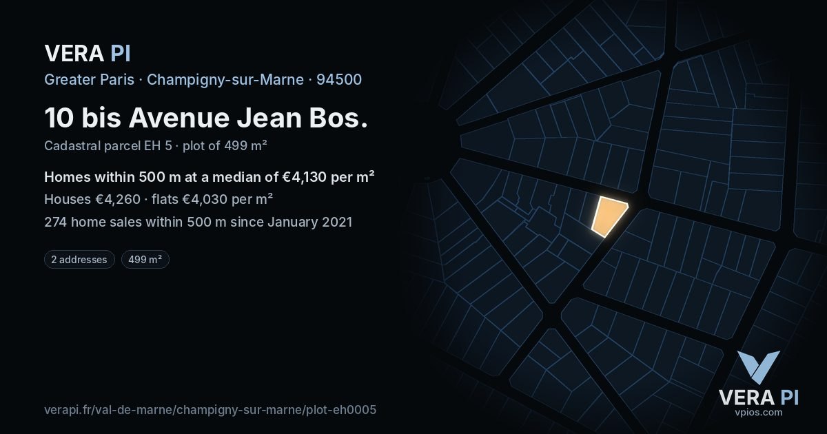 10 bis Avenue Jean Bos, Champigny-sur-Marne at night – the plot lit, the parcels around coloured by the prices near them