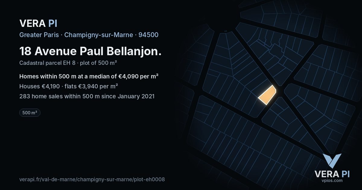 18 Avenue Paul Bellanjon, Champigny-sur-Marne at night – the plot lit, the parcels around coloured by the prices near them