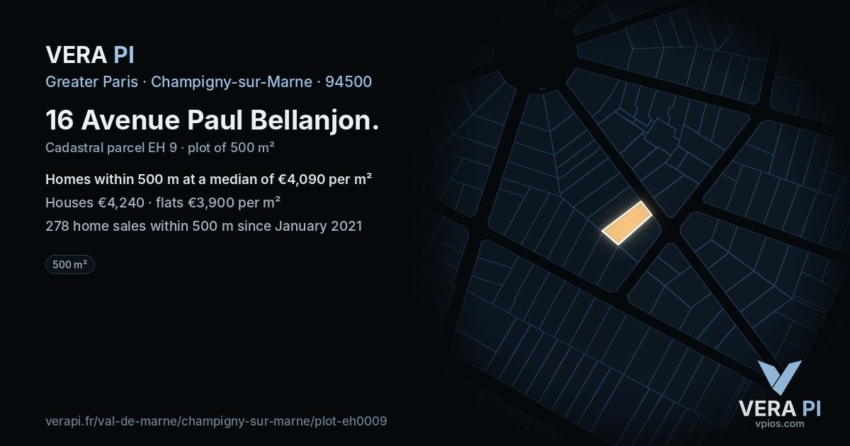 16 Avenue Paul Bellanjon, Champigny-sur-Marne at night – the plot lit, the parcels around coloured by the prices near them