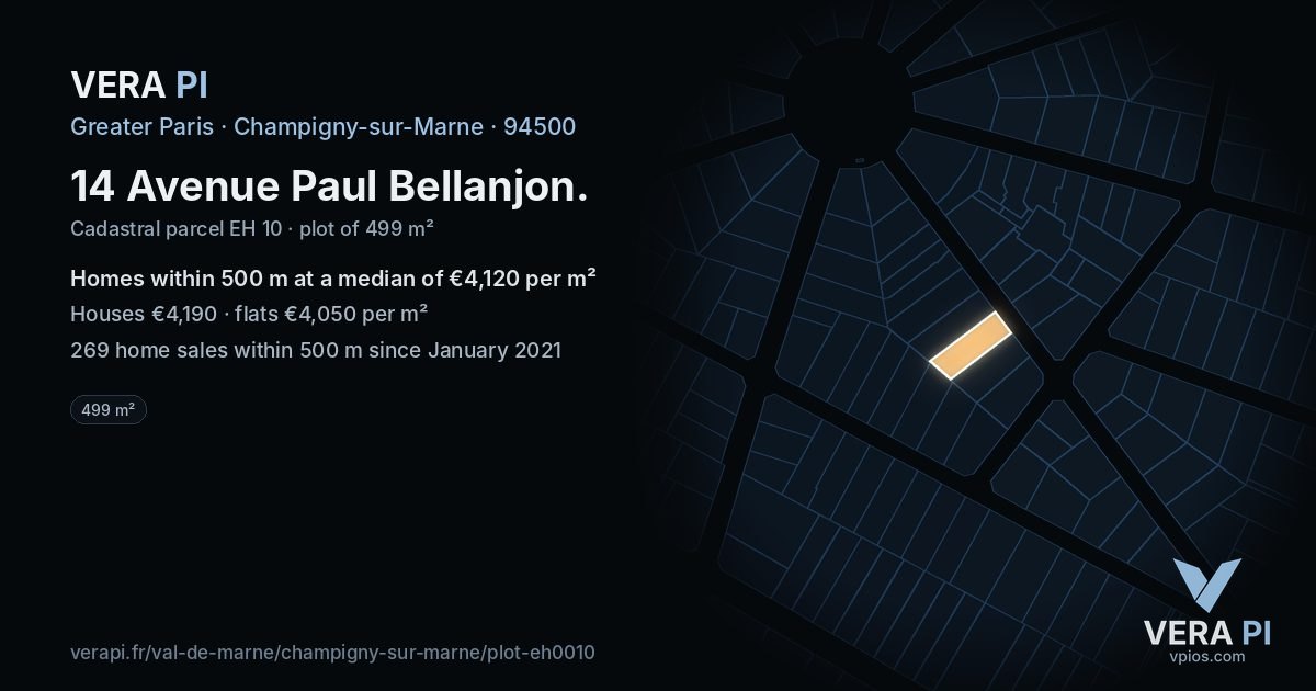 14 Avenue Paul Bellanjon, Champigny-sur-Marne at night – the plot lit, the parcels around coloured by the prices near them