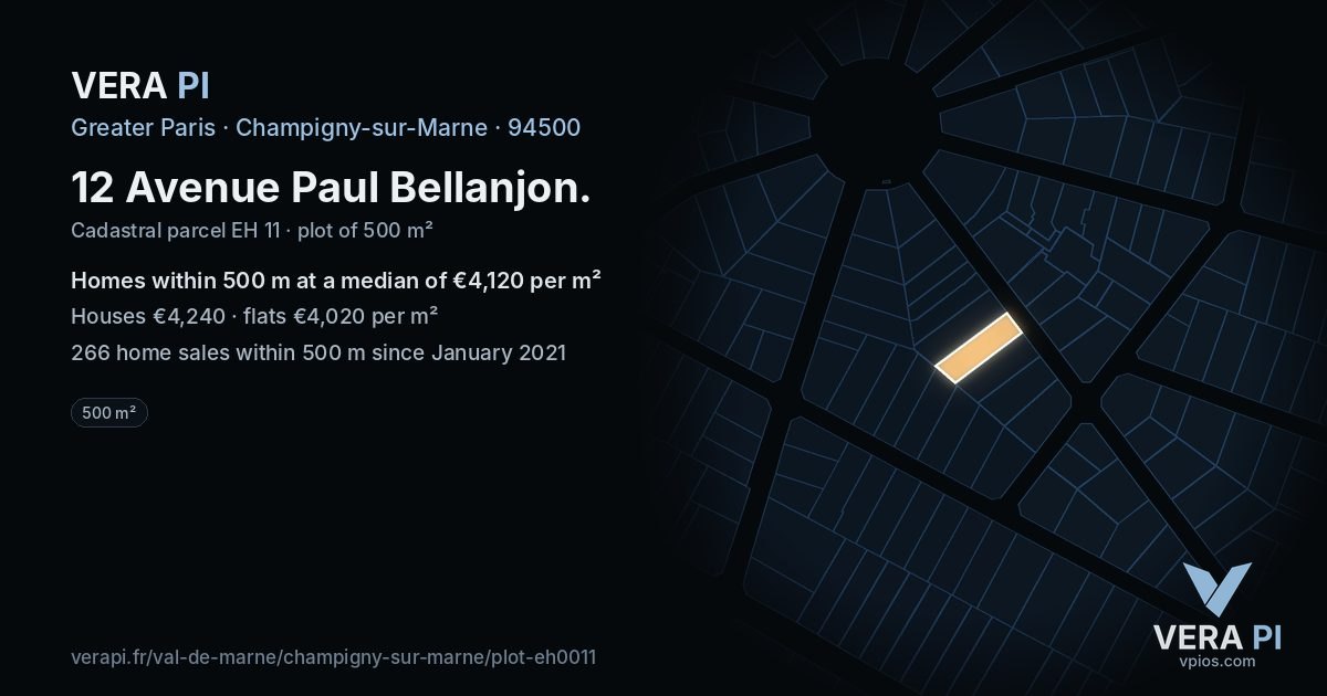 12 Avenue Paul Bellanjon, Champigny-sur-Marne at night – the plot lit, the parcels around coloured by the prices near them