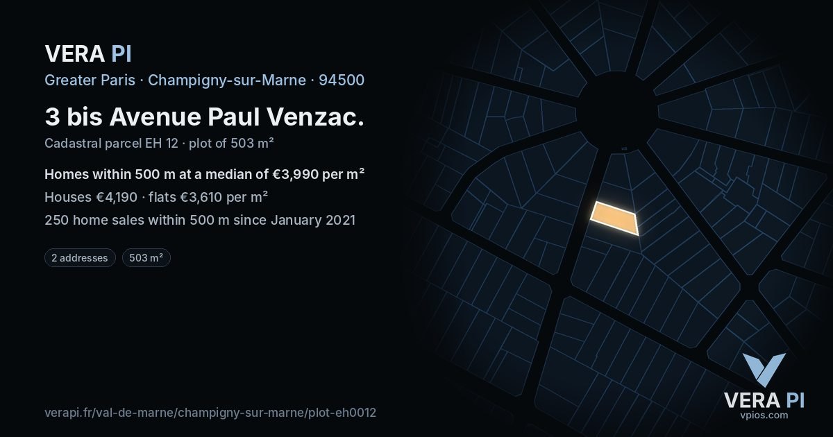3 bis Avenue Paul Venzac, Champigny-sur-Marne at night – the plot lit, the parcels around coloured by the prices near them