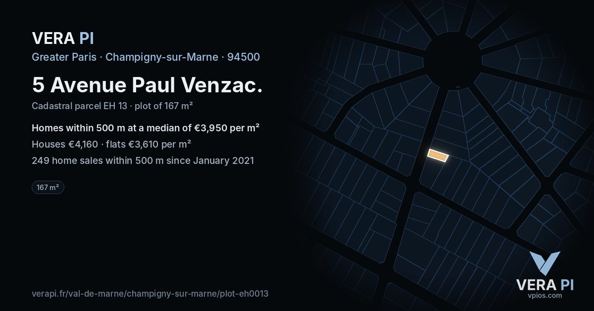 5 Avenue Paul Venzac, Champigny-sur-Marne at night – the plot lit, the parcels around coloured by the prices near them