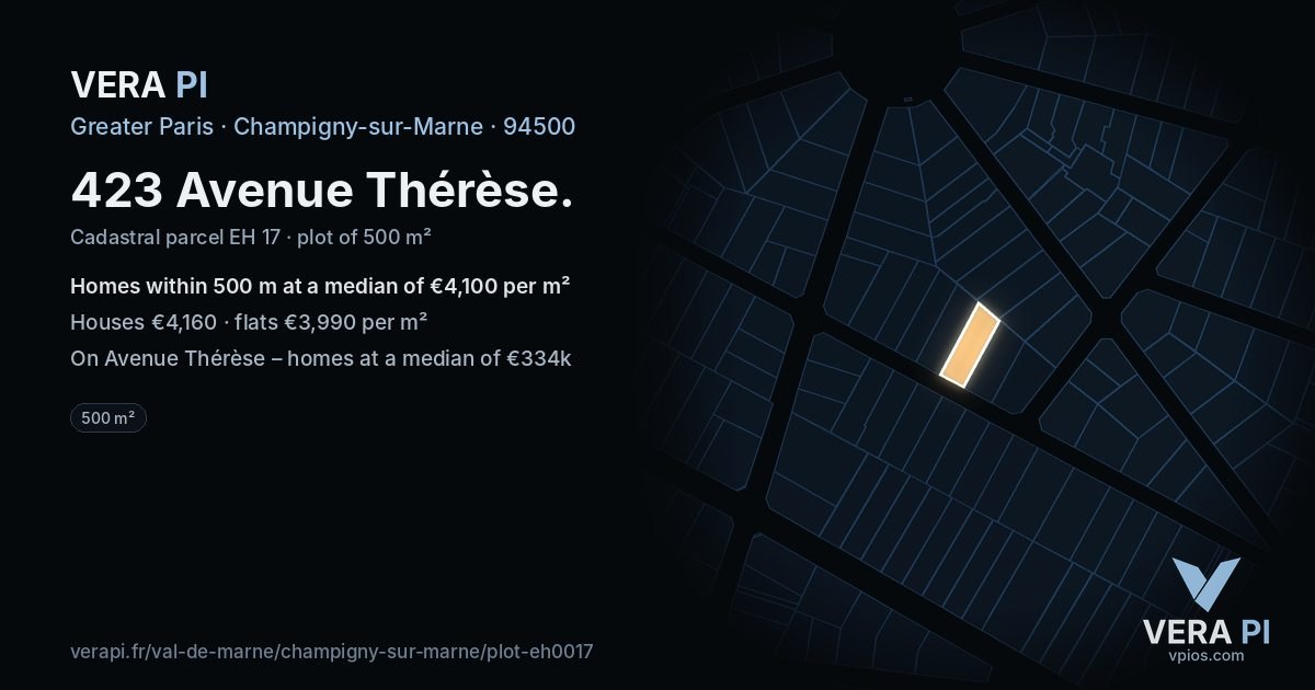 423 Avenue Thérèse, Champigny-sur-Marne at night – the plot lit, the parcels around coloured by the prices near them
