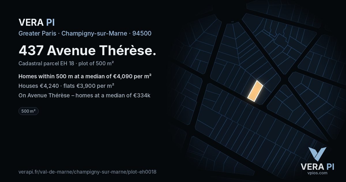 437 Avenue Thérèse, Champigny-sur-Marne at night – the plot lit, the parcels around coloured by the prices near them