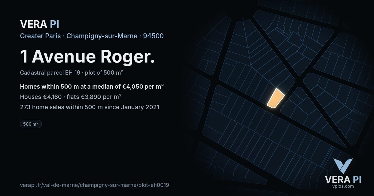 1 Avenue Roger, Champigny-sur-Marne at night – the plot lit, the parcels around coloured by the prices near them