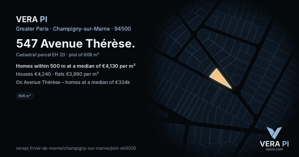 547 Avenue Thérèse, Champigny-sur-Marne at night – the plot lit, the parcels around coloured by the prices near them