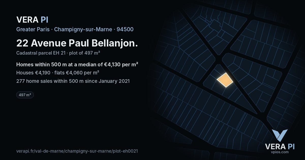22 Avenue Paul Bellanjon, Champigny-sur-Marne at night – the plot lit, the parcels around coloured by the prices near them