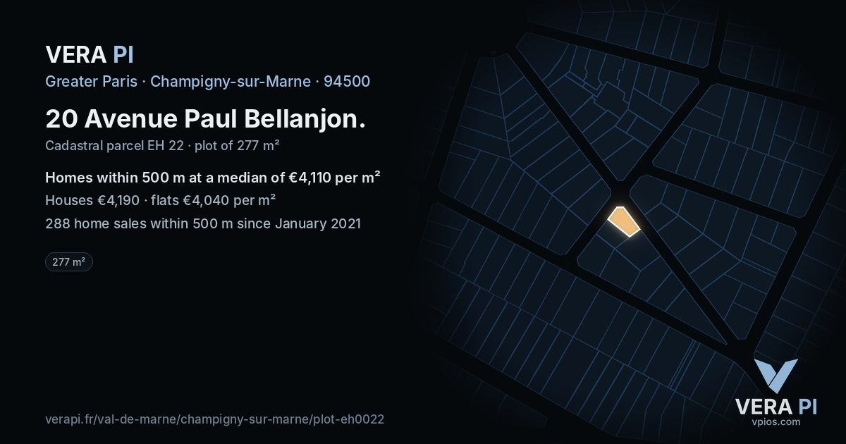 20 Avenue Paul Bellanjon, Champigny-sur-Marne at night – the plot lit, the parcels around coloured by the prices near them