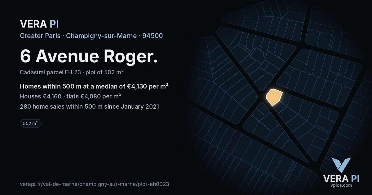 6 Avenue Roger, Champigny-sur-Marne at night – the plot lit, the parcels around coloured by the prices near them