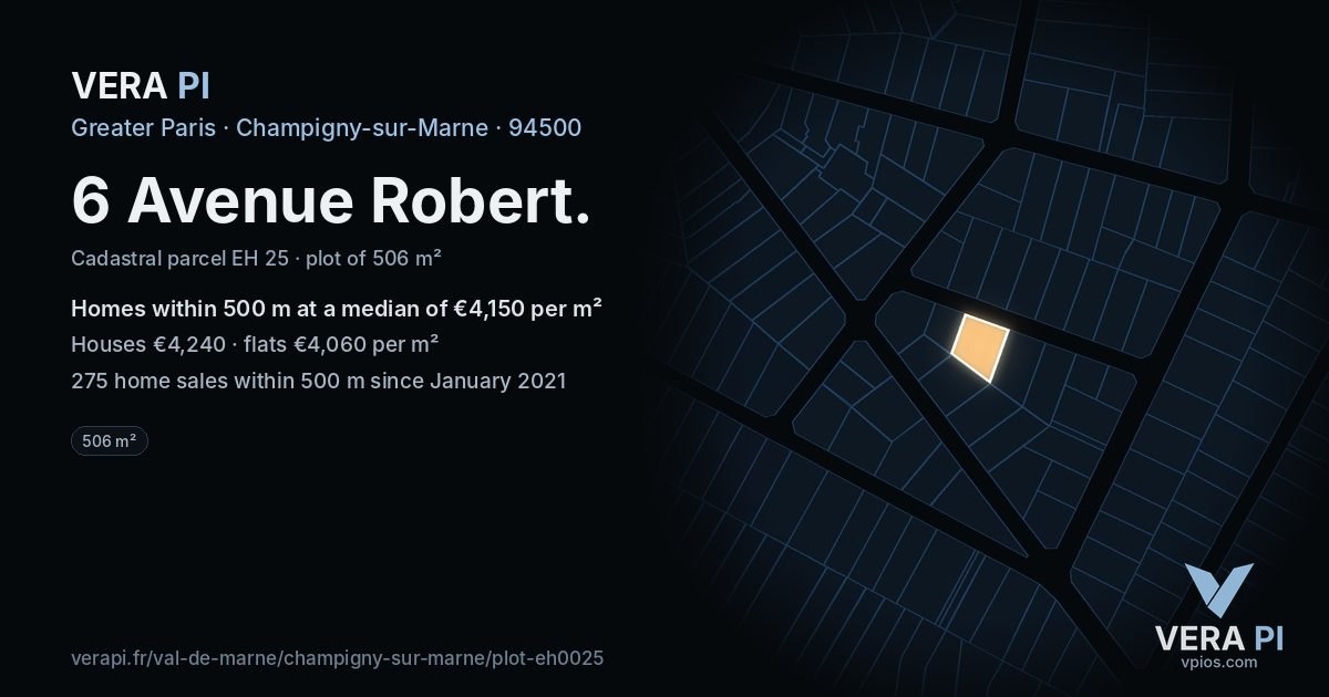 6 Avenue Robert, Champigny-sur-Marne at night – the plot lit, the parcels around coloured by the prices near them