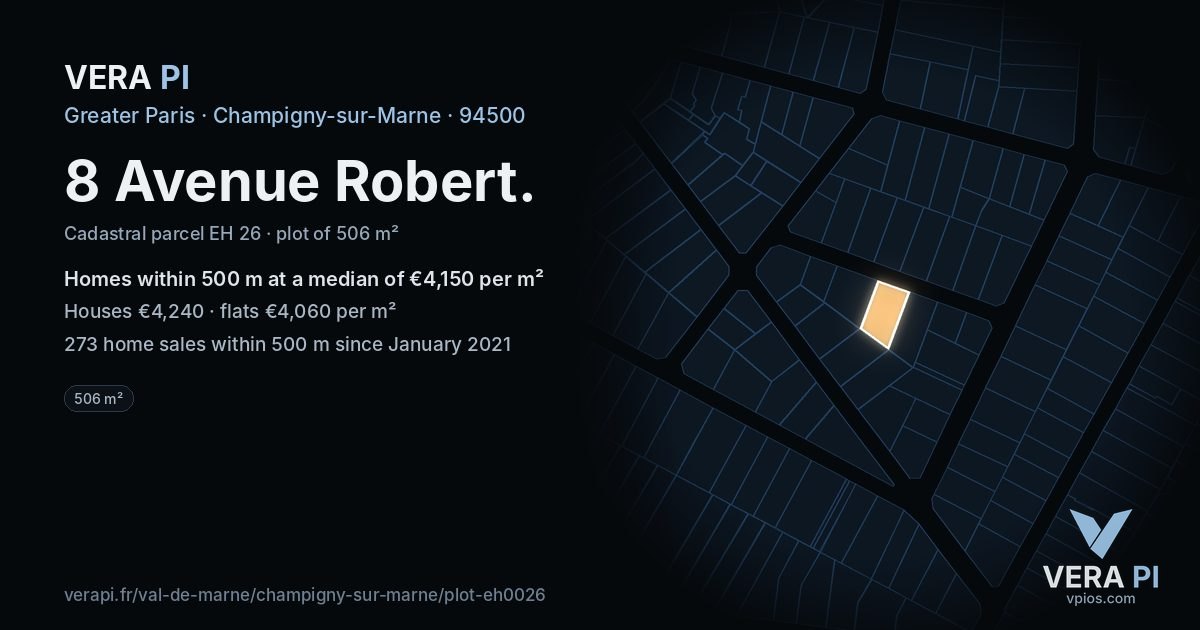 8 Avenue Robert, Champigny-sur-Marne at night – the plot lit, the parcels around coloured by the prices near them