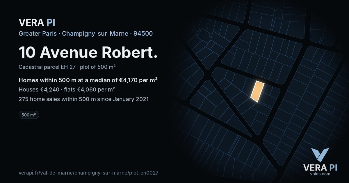 10 Avenue Robert, Champigny-sur-Marne at night – the plot lit, the parcels around coloured by the prices near them