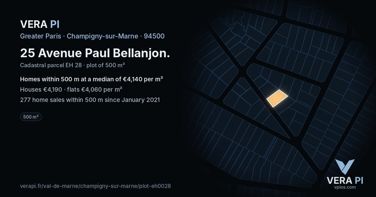 25 Avenue Paul Bellanjon, Champigny-sur-Marne at night – the plot lit, the parcels around coloured by the prices near them