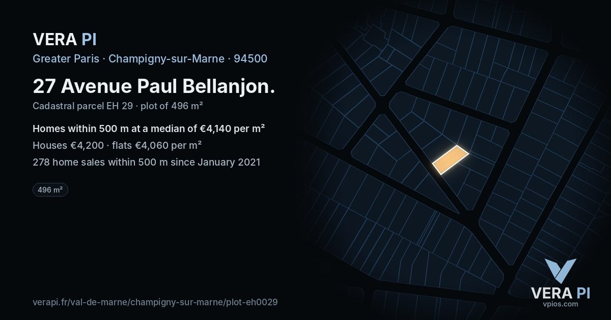 27 Avenue Paul Bellanjon, Champigny-sur-Marne at night – the plot lit, the parcels around coloured by the prices near them