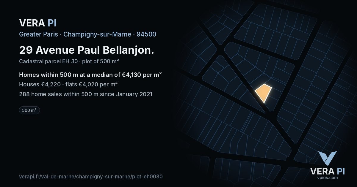 29 Avenue Paul Bellanjon, Champigny-sur-Marne at night – the plot lit, the parcels around coloured by the prices near them