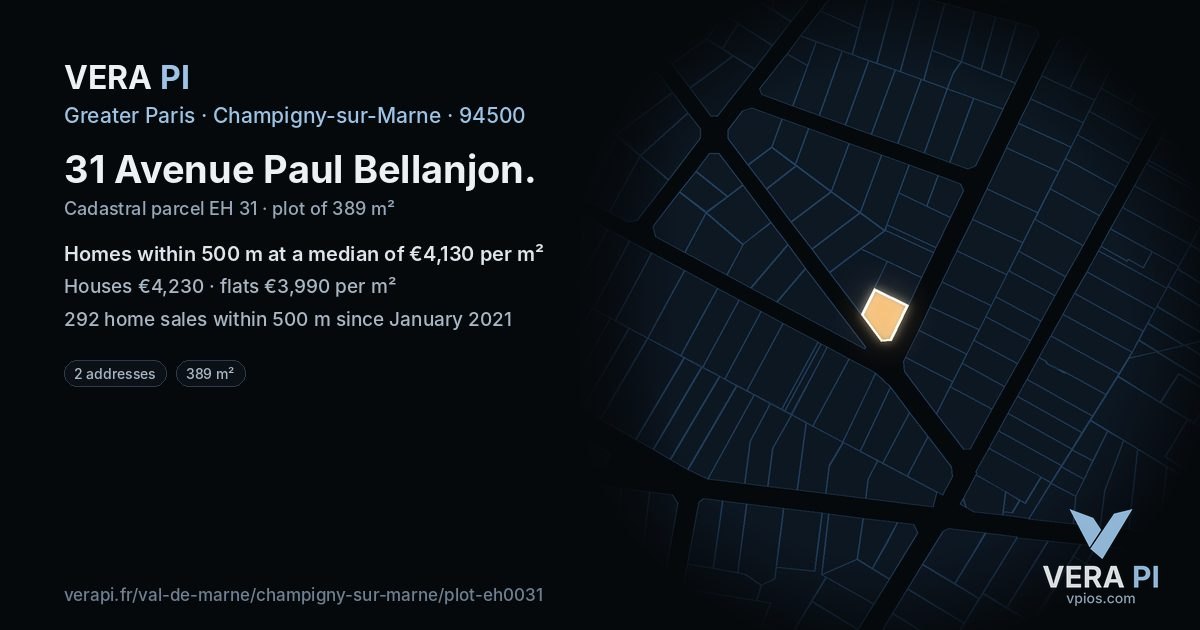 31 Avenue Paul Bellanjon, Champigny-sur-Marne at night – the plot lit, the parcels around coloured by the prices near them