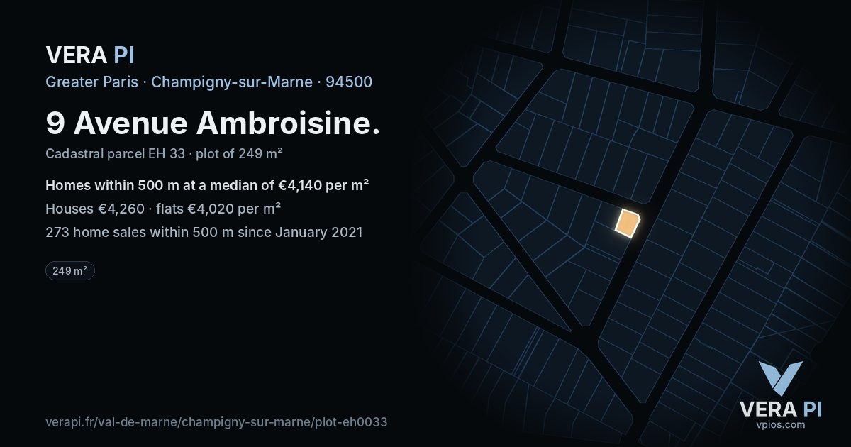 9 Avenue Ambroisine, Champigny-sur-Marne at night – the plot lit, the parcels around coloured by the prices near them