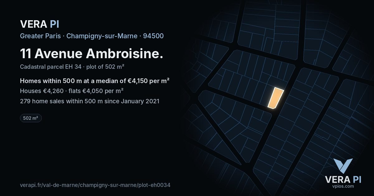 11 Avenue Ambroisine, Champigny-sur-Marne at night – the plot lit, the parcels around coloured by the prices near them