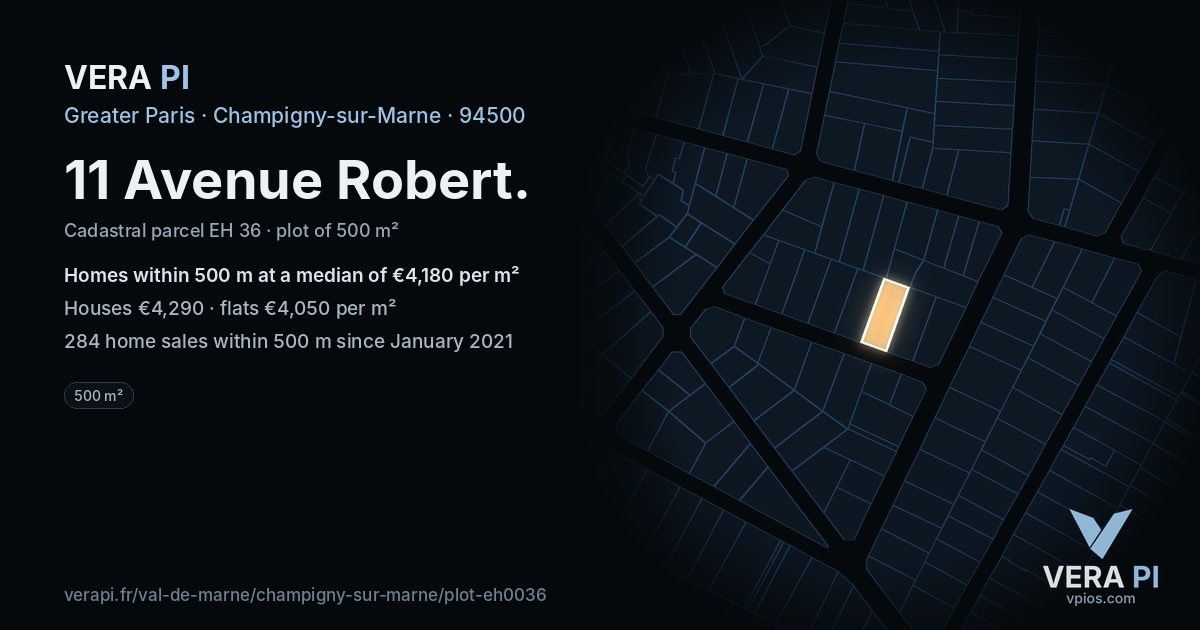 11 Avenue Robert, Champigny-sur-Marne at night – the plot lit, the parcels around coloured by the prices near them