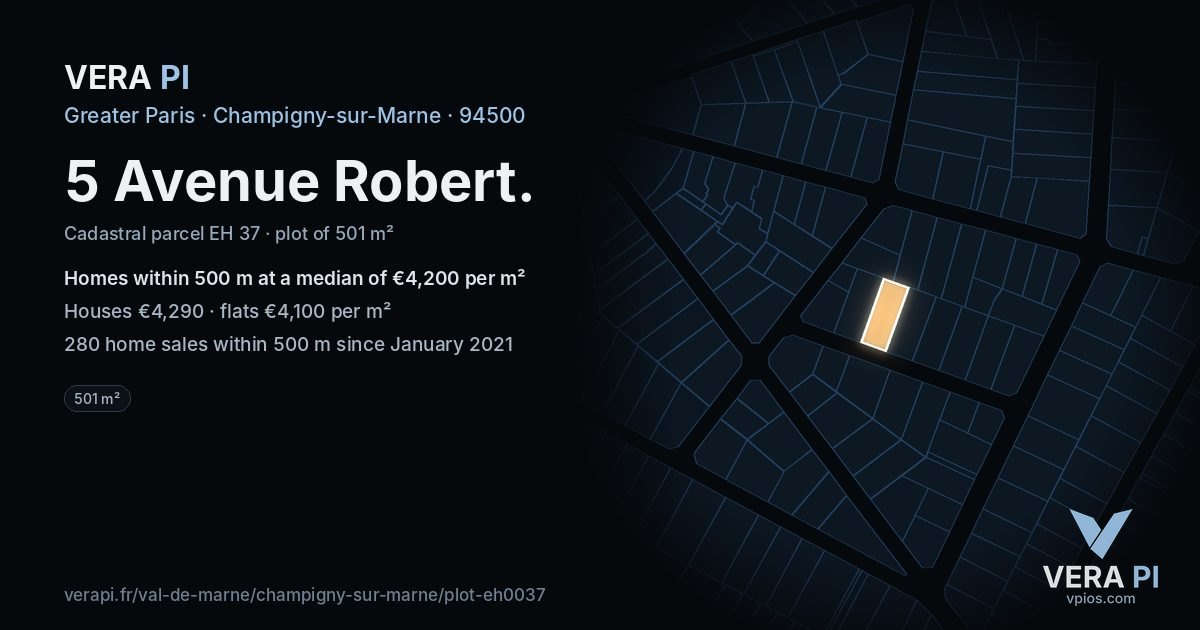 5 Avenue Robert, Champigny-sur-Marne at night – the plot lit, the parcels around coloured by the prices near them