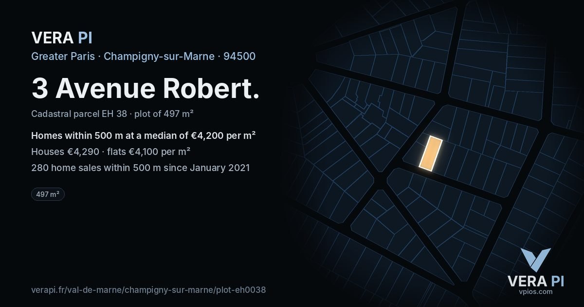 3 Avenue Robert, Champigny-sur-Marne at night – the plot lit, the parcels around coloured by the prices near them