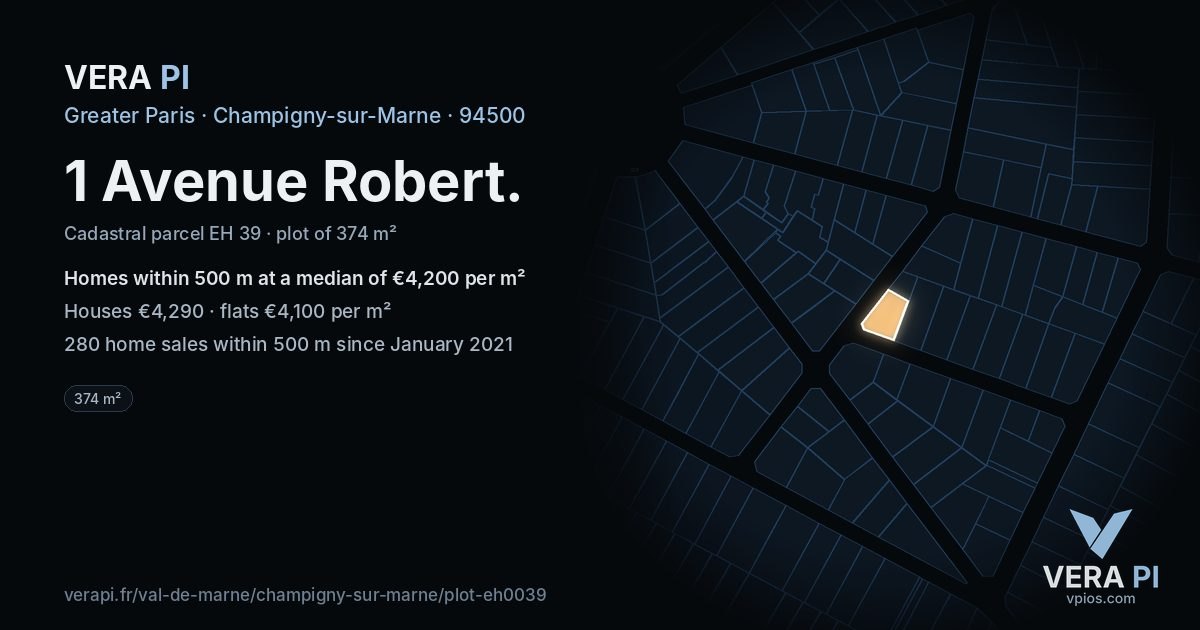 1 Avenue Robert, Champigny-sur-Marne at night – the plot lit, the parcels around coloured by the prices near them