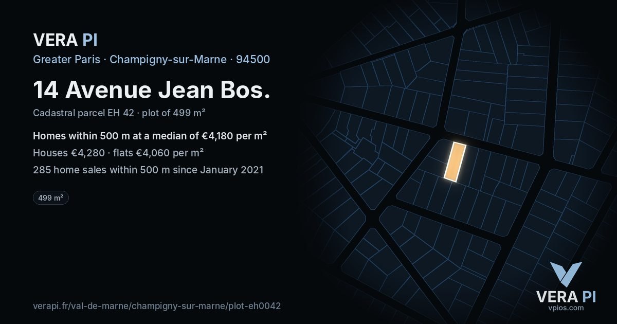 14 Avenue Jean Bos, Champigny-sur-Marne at night – the plot lit, the parcels around coloured by the prices near them