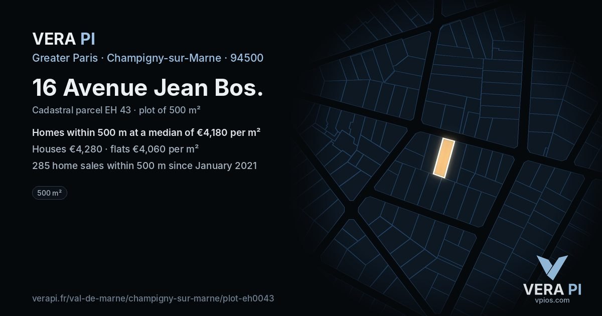 16 Avenue Jean Bos, Champigny-sur-Marne at night – the plot lit, the parcels around coloured by the prices near them