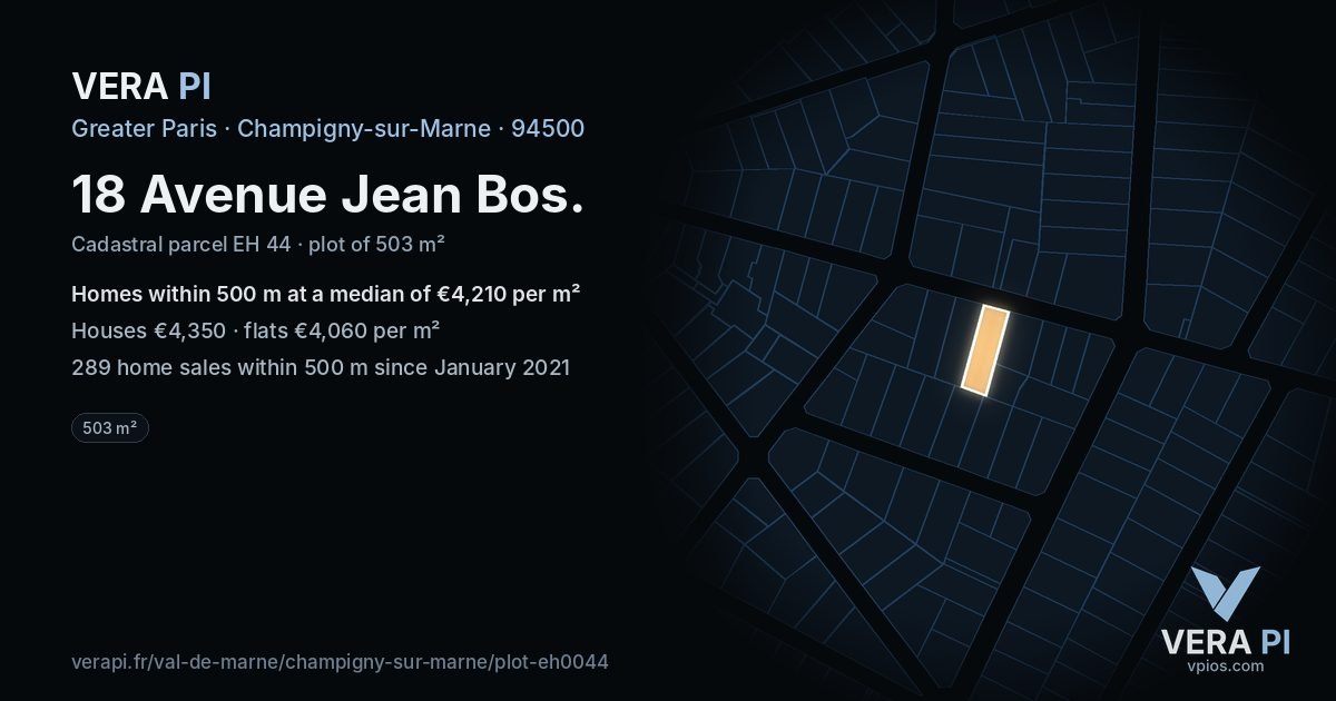 18 Avenue Jean Bos, Champigny-sur-Marne at night – the plot lit, the parcels around coloured by the prices near them