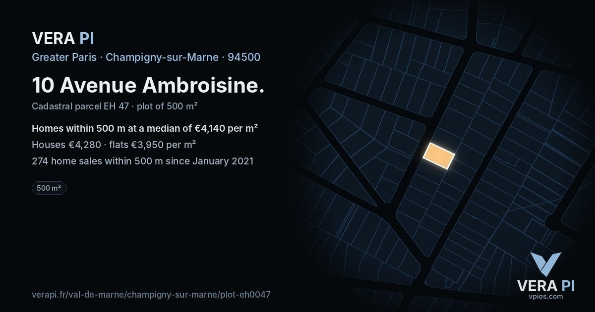 10 Avenue Ambroisine, Champigny-sur-Marne at night – the plot lit, the parcels around coloured by the prices near them