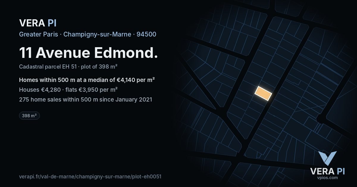 11 Avenue Edmond, Champigny-sur-Marne at night – the plot lit, the parcels around coloured by the prices near them