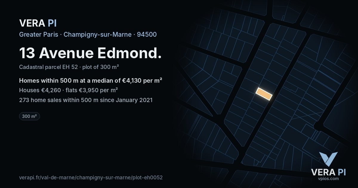 13 Avenue Edmond, Champigny-sur-Marne at night – the plot lit, the parcels around coloured by the prices near them