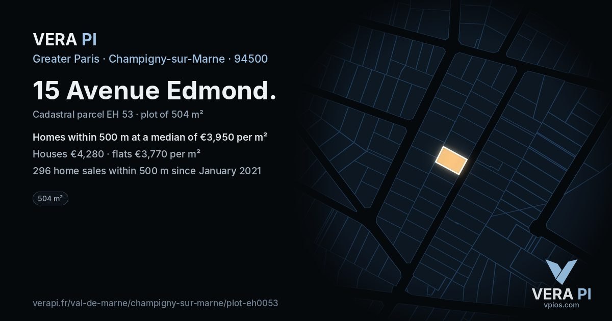 15 Avenue Edmond, Champigny-sur-Marne at night – the plot lit, the parcels around coloured by the prices near them