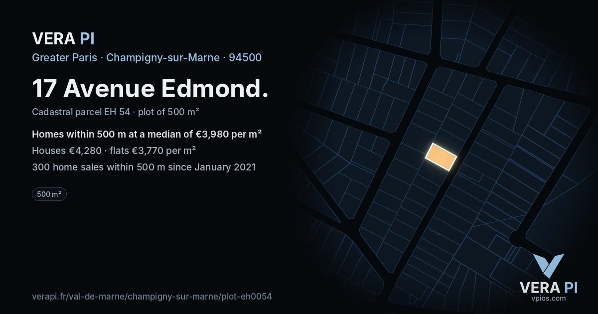 17 Avenue Edmond, Champigny-sur-Marne at night – the plot lit, the parcels around coloured by the prices near them