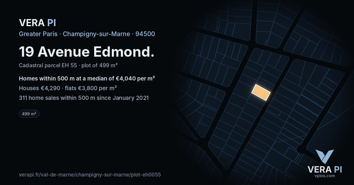 19 Avenue Edmond, Champigny-sur-Marne at night – the plot lit, the parcels around coloured by the prices near them