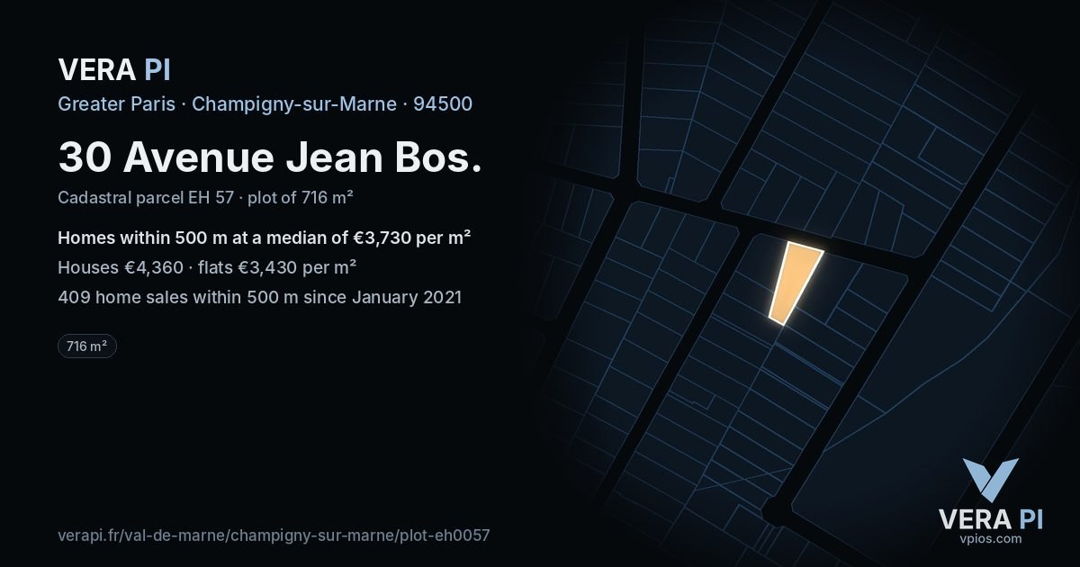 30 Avenue Jean Bos, Champigny-sur-Marne at night – the plot lit, the parcels around coloured by the prices near them