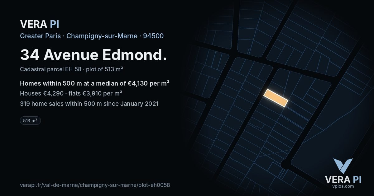 34 Avenue Edmond, Champigny-sur-Marne at night – the plot lit, the parcels around coloured by the prices near them