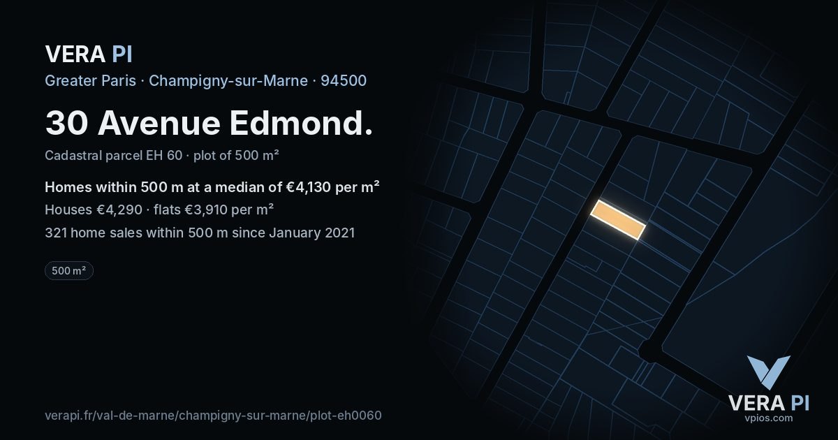 30 Avenue Edmond, Champigny-sur-Marne at night – the plot lit, the parcels around coloured by the prices near them