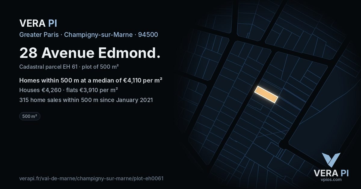 28 Avenue Edmond, Champigny-sur-Marne at night – the plot lit, the parcels around coloured by the prices near them