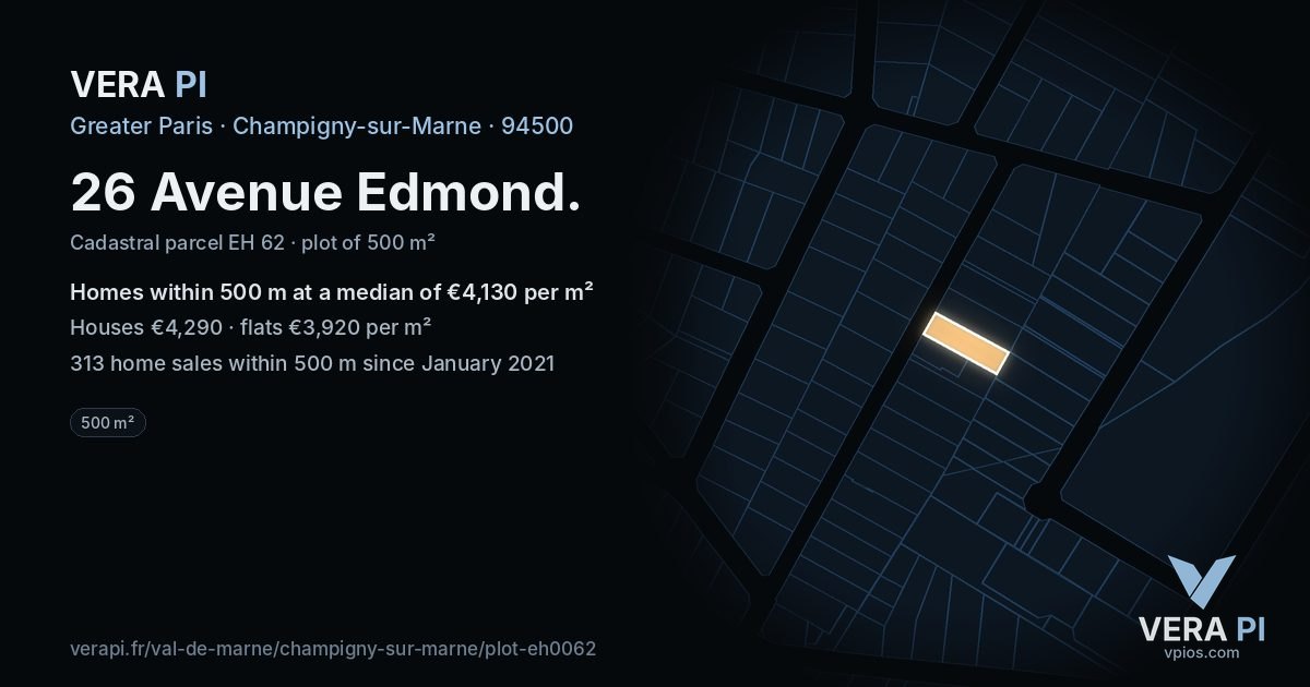 26 Avenue Edmond, Champigny-sur-Marne at night – the plot lit, the parcels around coloured by the prices near them